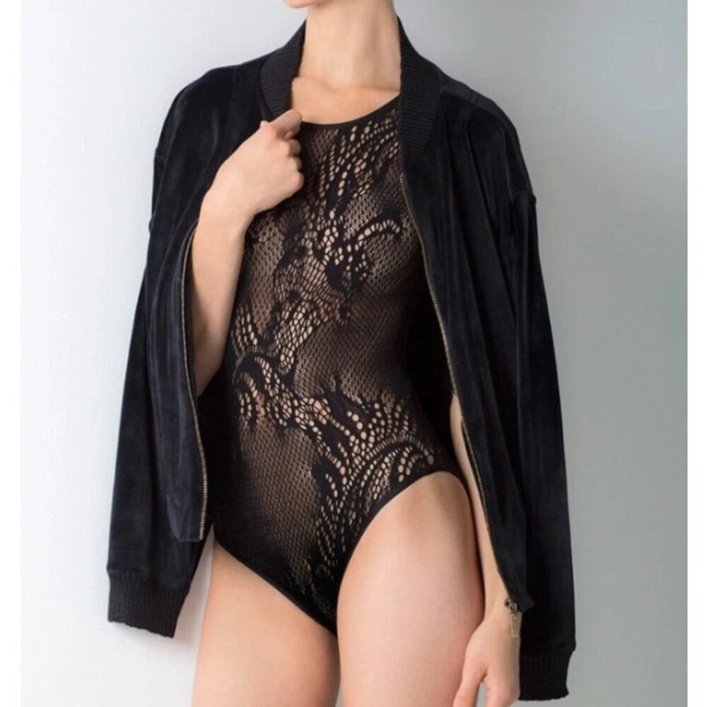 Natori Romance Short Sleeve Bodysuit New Black Mesh Medium M NEW $75